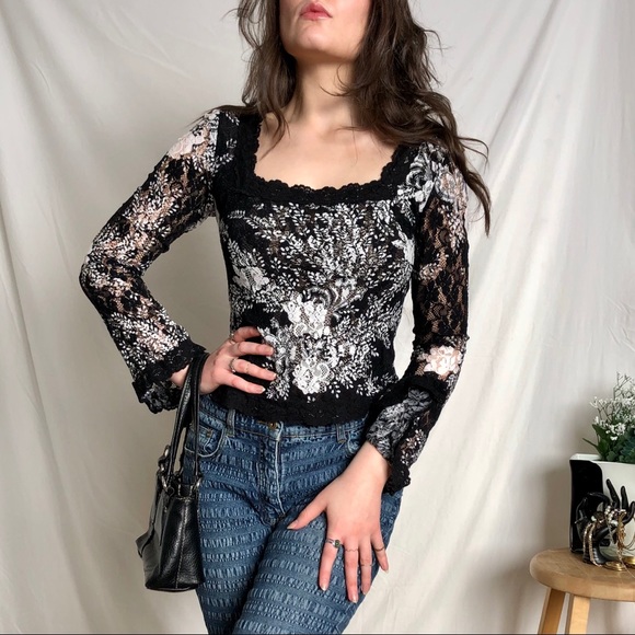 Joseph Ribkoff Tops - SOLD |1990s square neck lace top with bell sleeves